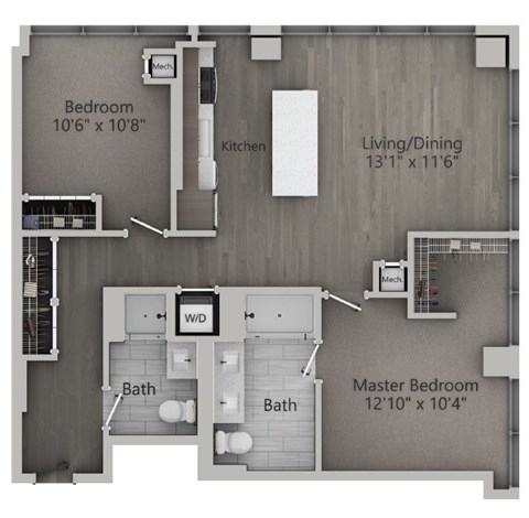 Floor plan for 2 beds, 2 baths, 1001 sqft